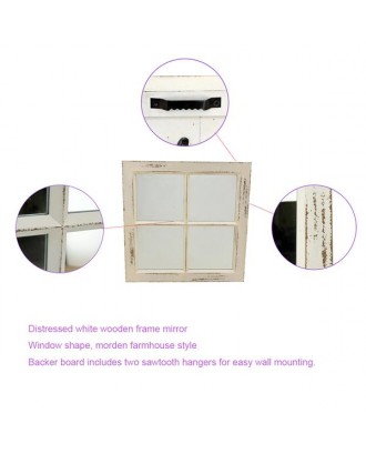 WHITE DISTRESSED WOOD FRAMED MIRROR / WHITE WASH WOOD WINDOW SHAPE MIRROR