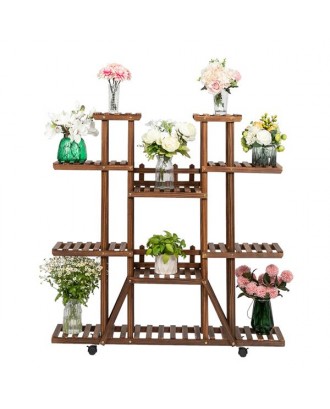Artisasset 6-Story 11-Seat Indoor And Outdoor Multi-Function Carbonized Ribbon Wheel Wooden Plant Stand