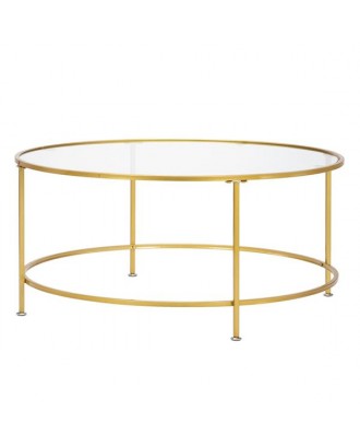 HODELY 36" Golden 2 Layers 5mm Thick Tempered Glass Countertop Round Wrought Iron Coffee Table